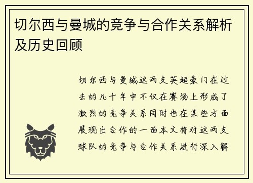 切尔西与曼城的竞争与合作关系解析及历史回顾