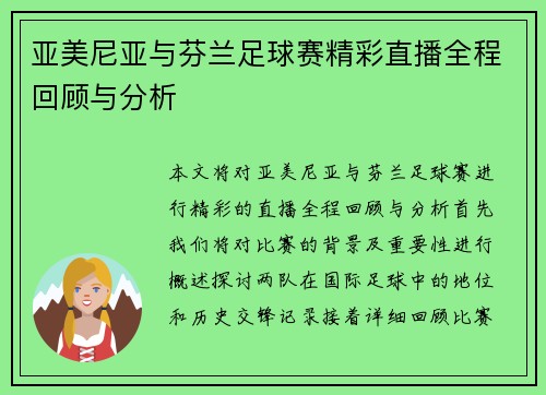 亚美尼亚与芬兰足球赛精彩直播全程回顾与分析