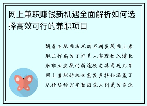 网上兼职赚钱新机遇全面解析如何选择高效可行的兼职项目
