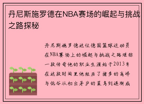 丹尼斯施罗德在NBA赛场的崛起与挑战之路探秘