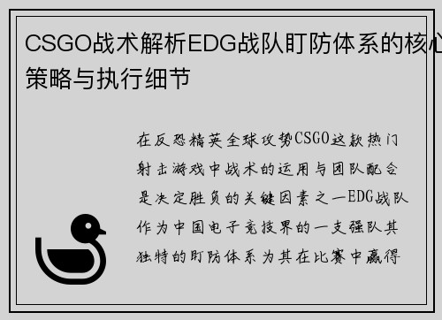 CSGO战术解析EDG战队盯防体系的核心策略与执行细节
