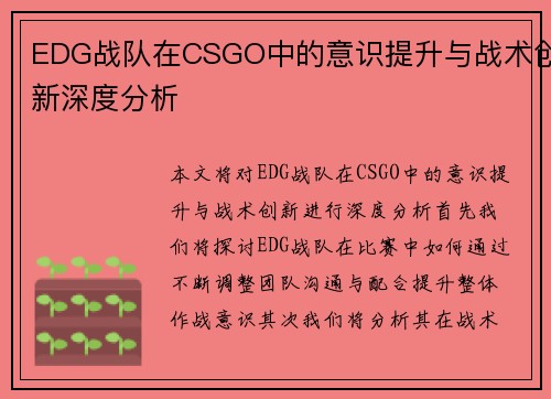 EDG战队在CSGO中的意识提升与战术创新深度分析