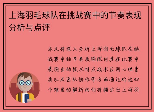 上海羽毛球队在挑战赛中的节奏表现分析与点评