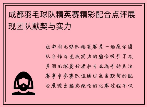成都羽毛球队精英赛精彩配合点评展现团队默契与实力