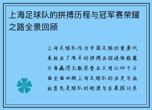 上海足球队的拼搏历程与冠军赛荣耀之路全景回顾