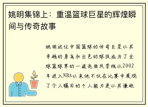 姚明集锦上：重温篮球巨星的辉煌瞬间与传奇故事