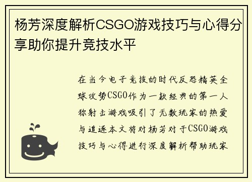 杨芳深度解析CSGO游戏技巧与心得分享助你提升竞技水平