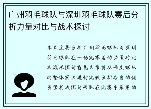 广州羽毛球队与深圳羽毛球队赛后分析力量对比与战术探讨