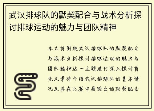 武汉排球队的默契配合与战术分析探讨排球运动的魅力与团队精神