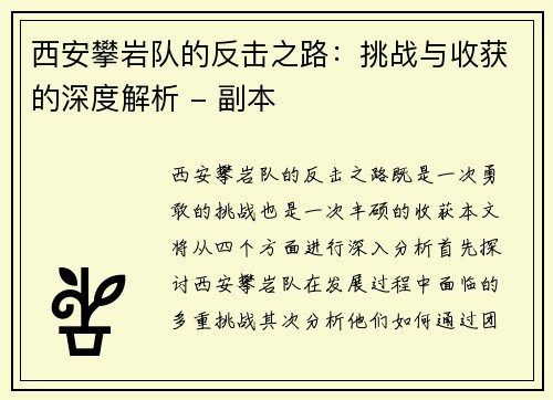 西安攀岩队的反击之路：挑战与收获的深度解析 - 副本